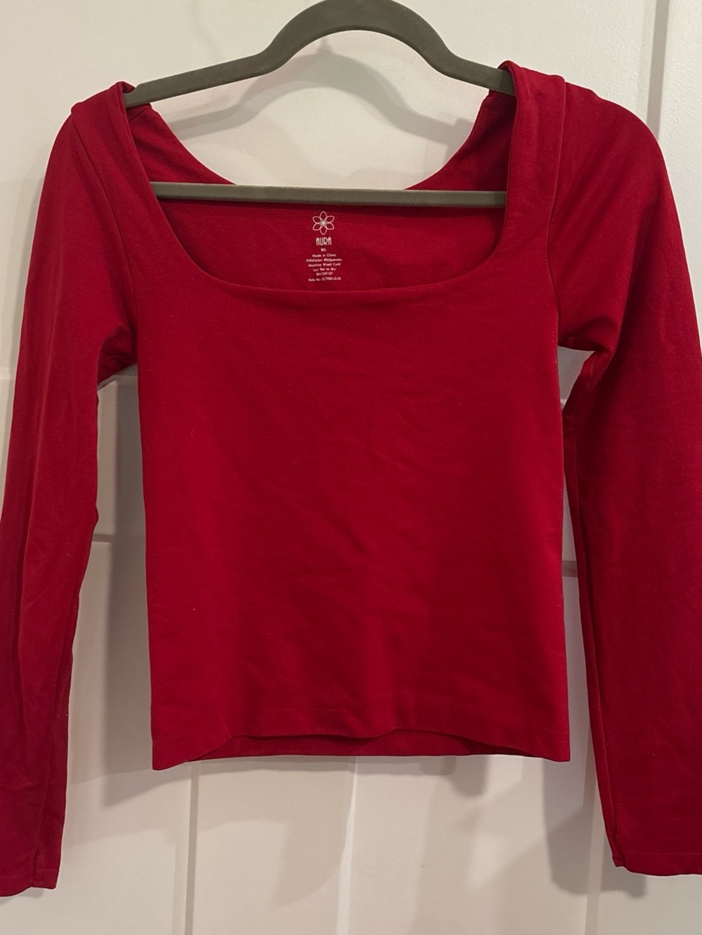 Aura Red Long Sleeve Square Neck Top